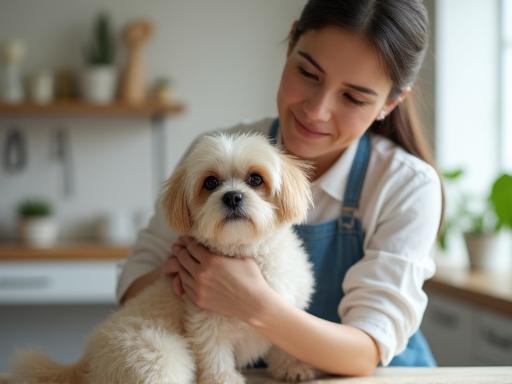 Our groomers caring for a small dog with kindness