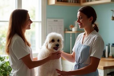Consultation in progress between owner and groomer