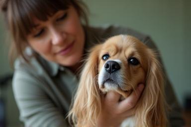 Groomer soothing nervous dog