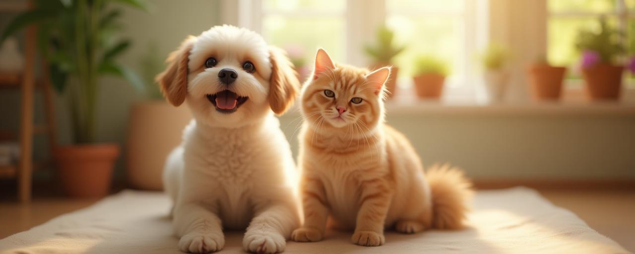 A happy dog and cat after grooming in a cozy, bright studio