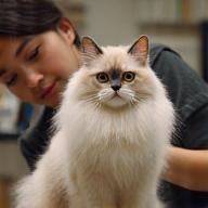 Jordan Lee working with a fluffy cat